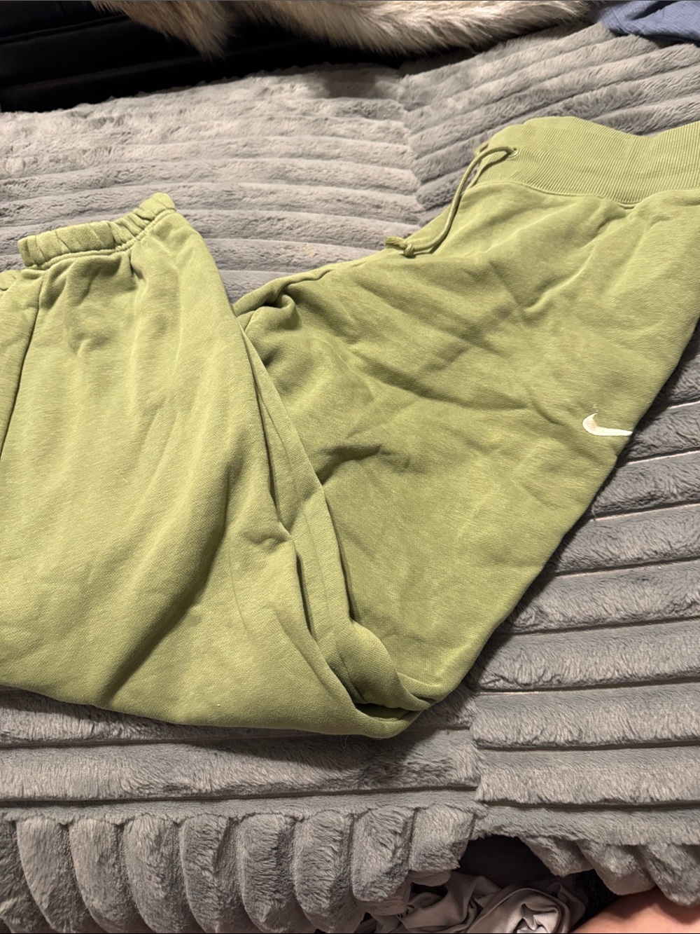 Nike Kids Light Olive Green Fleece Joggers with White Swoosh